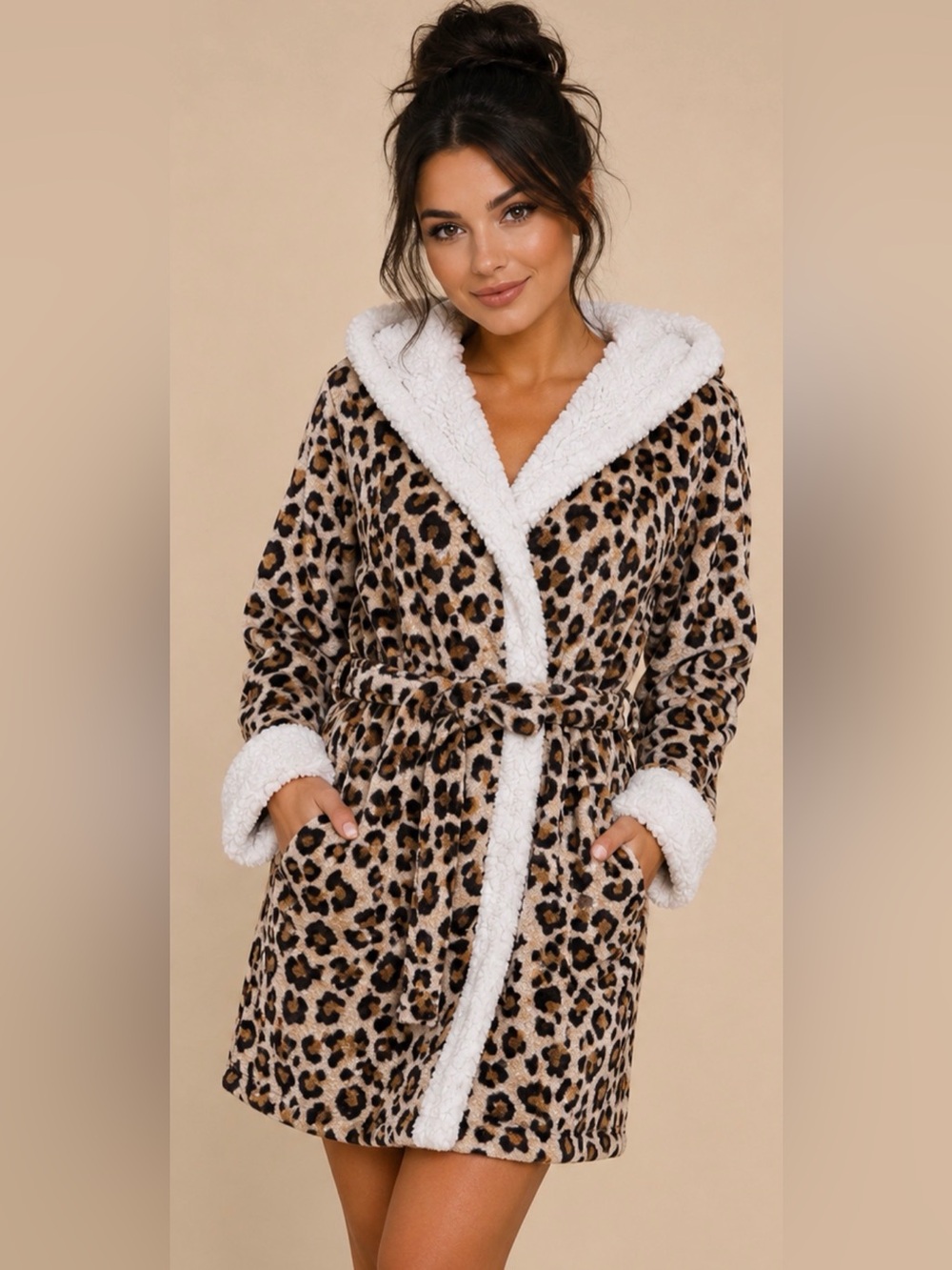 Em & Alfie Leopard Print Hooded Plush Sequin Robe - One Size (L)